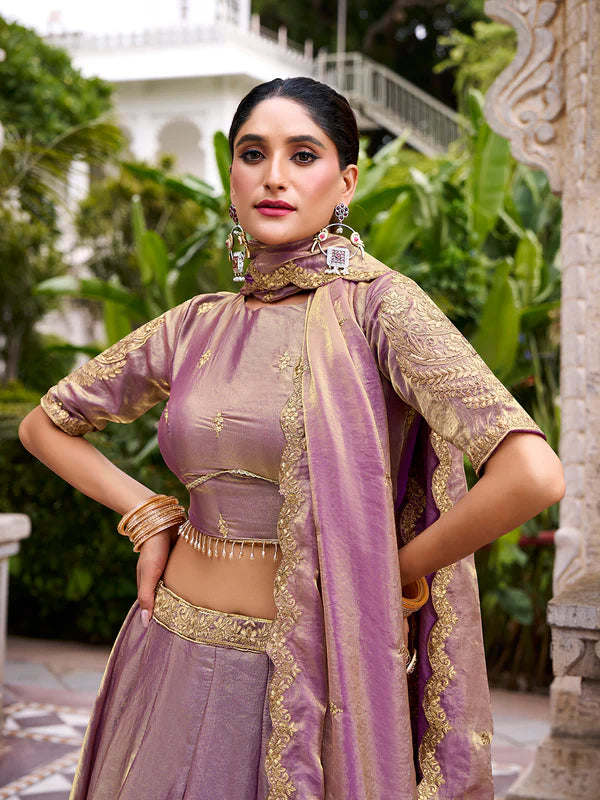 Lavender Color Sequins And Thread Embroidery Work Belt Fendi Lehenga Choli